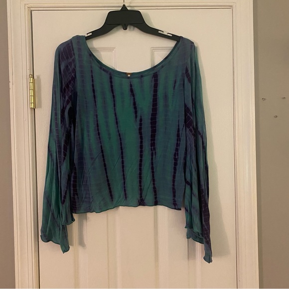 Free People Tops - Free People FP Bell Sleeve Tie Dye Top Turquoise Purple Scoop Neck Shirt Small